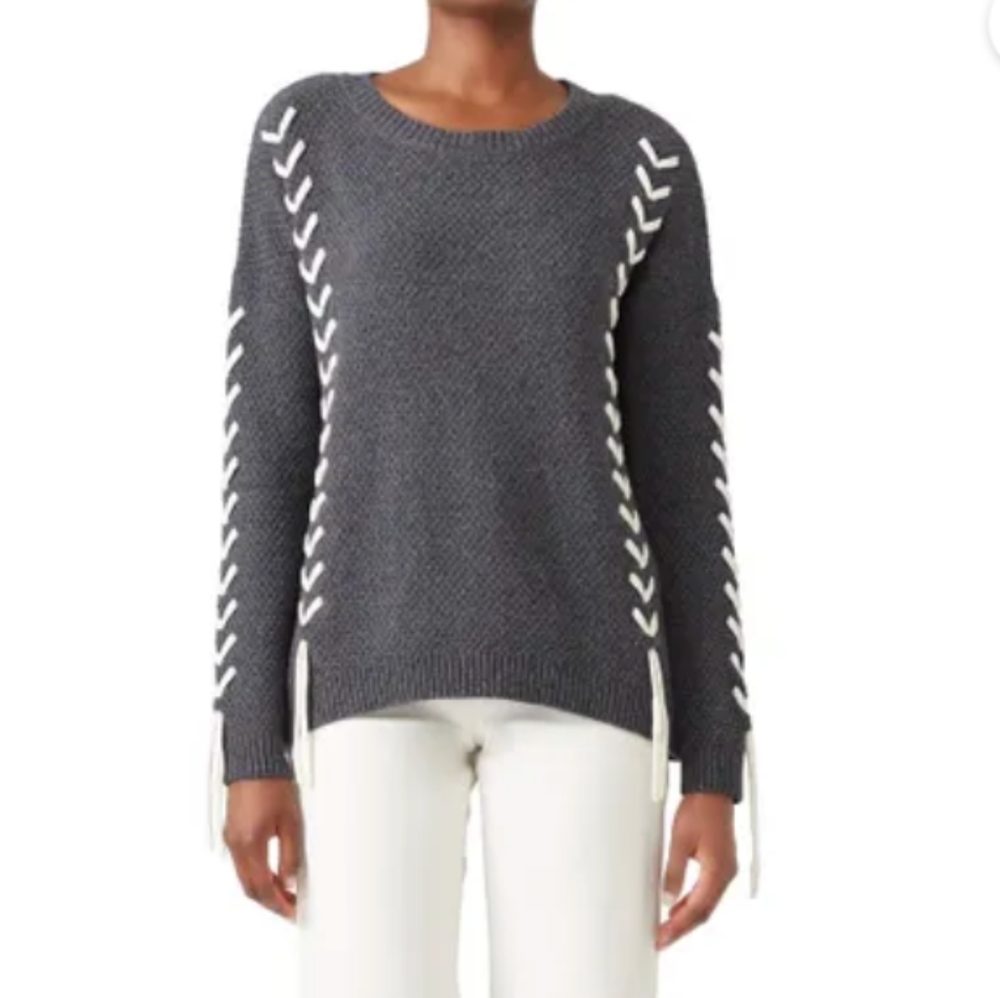 Charlie Soraya Sweater Dark Grey Merino Wool Blend Lace Up Detail